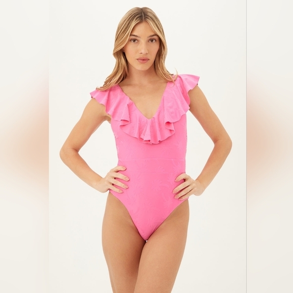 Trina Turk Monaco Ruffle Plunge One Piece Swimsuit -Palm Tree